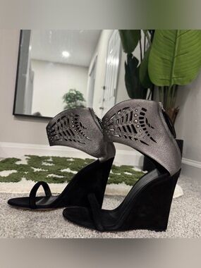 IRO Paris 
Metallic Silver and Black Wedge Sandals - Women
